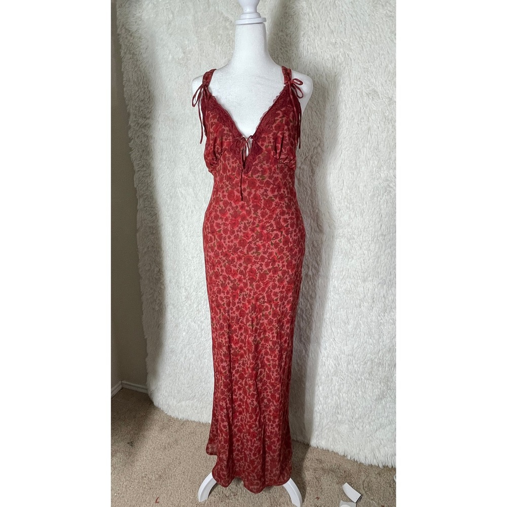 Y2K Fairy Feminine Red Rose Floral Lace Trim Maxi Dress Small Adjustable Straps